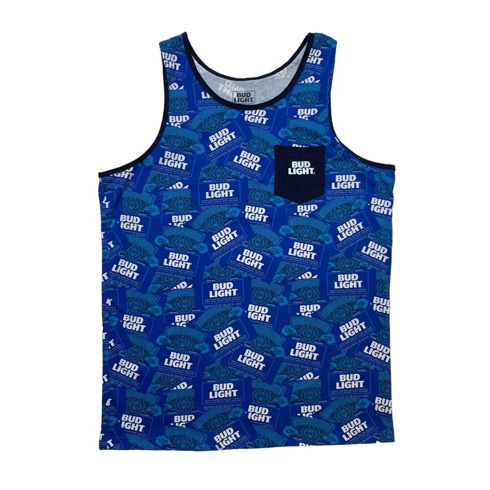 Budlight Beer Tank Top Mens L Large Blue Allover Print Sleeveless Round Neck
